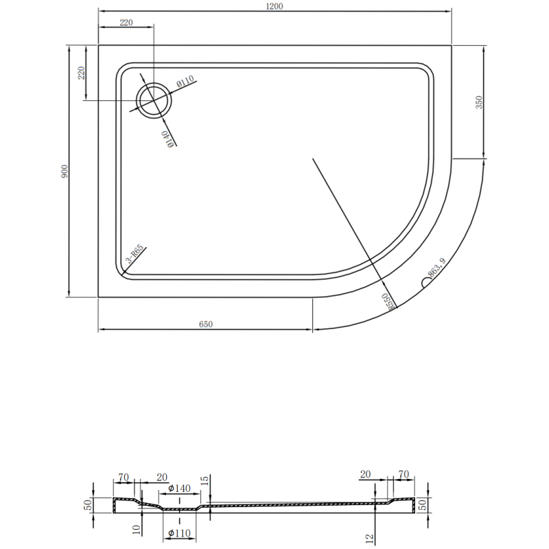 Mexen Flat pusapvalė slim kairinis dušo padėklas 120 x 90 cm, baltas, auksinis sifonas - 41109012L-G