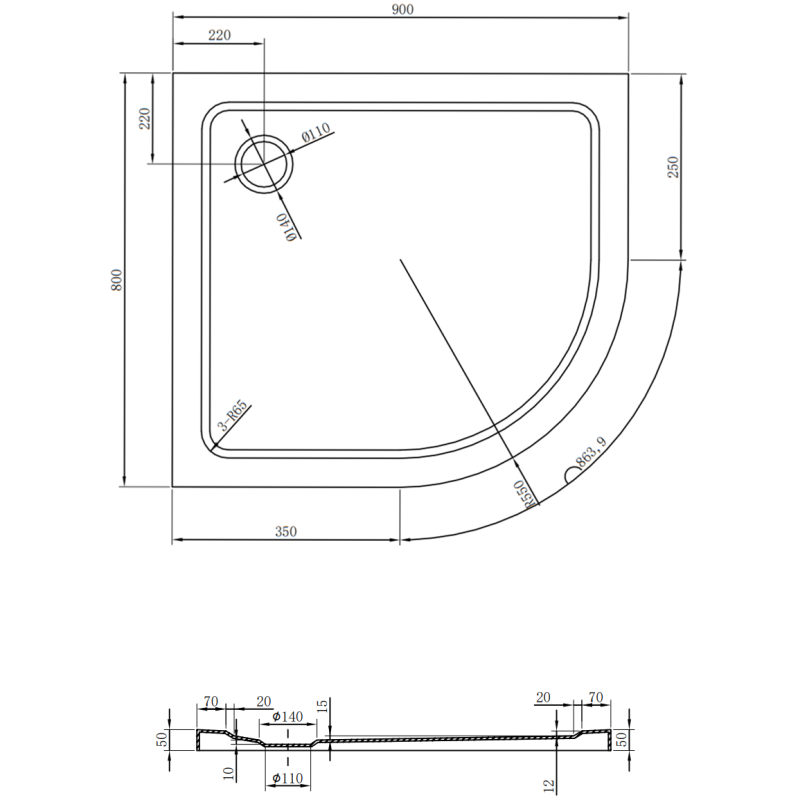 Mexen Flat pusapvalė plokščia dušo padėklas kairės 90 x 80 cm, juoda, sifonas auksinis - 41708090L-G