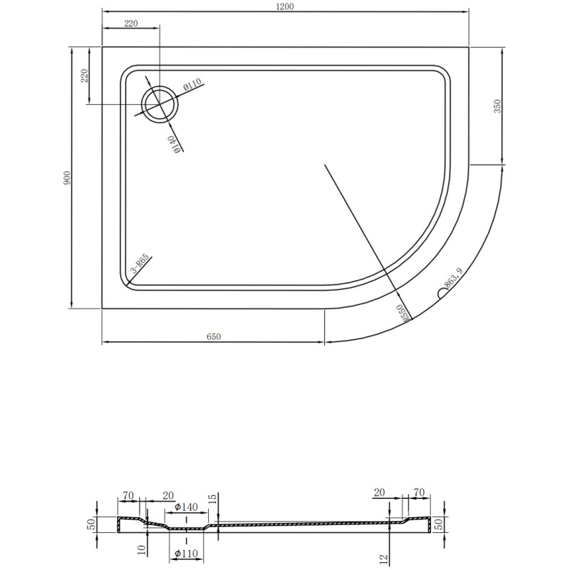 Mexen Flat pusapvalė dušo padėklas slim kairysis 120 x 90 cm, juodas, sifonas auksinis - 41709012L-G