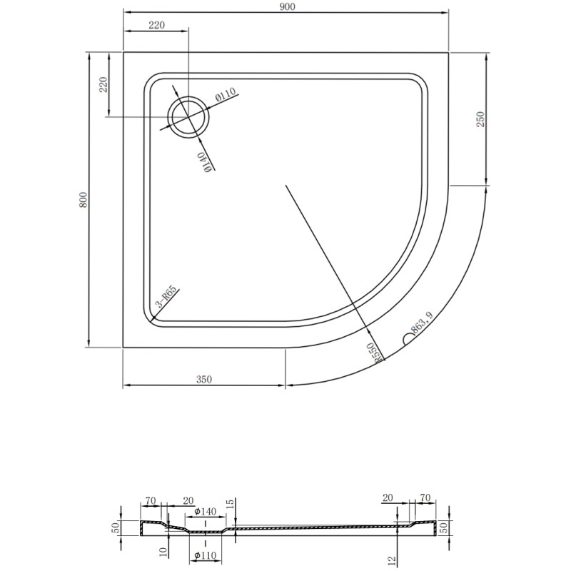Mexen Flat pusapvalis dušo padėklas slim kairysis 90 x 80 cm, juodas, sifonas juodas - 41708090L-B