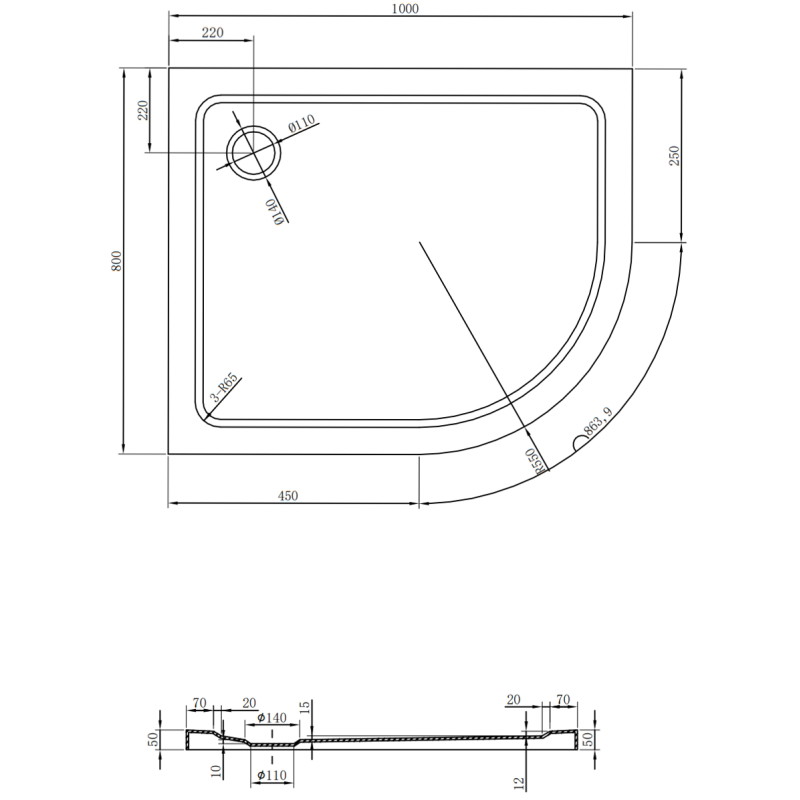 Mexen Flat plokščias pusapvalis dušo padėklas kairysis 100 x 80 cm, juodas, sifonas juodas - 41708010L-B