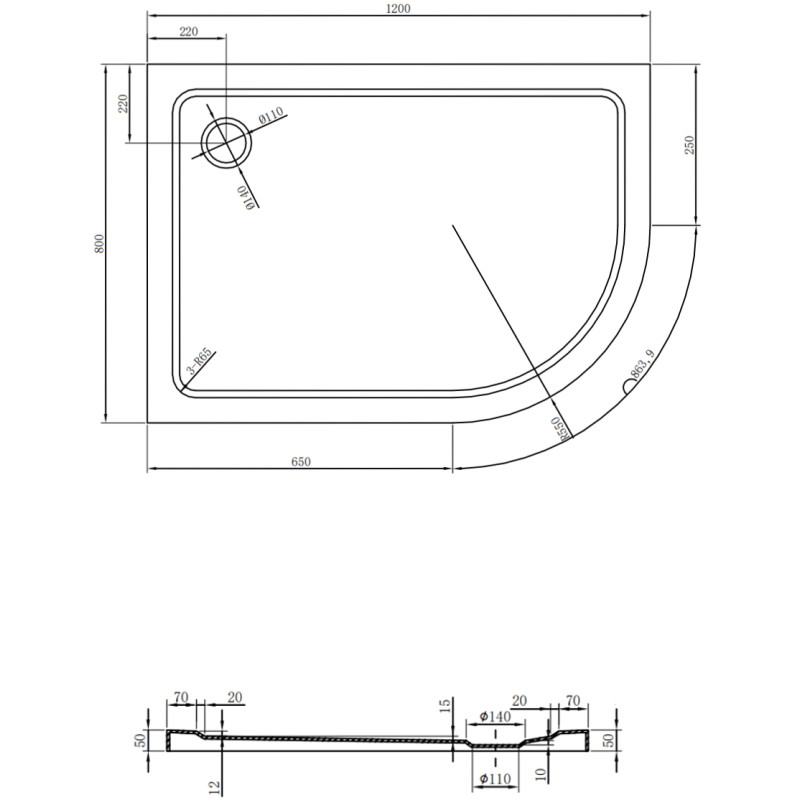 Mexen Flat pusapvalė plona dušo padėklė kairė 120 x 80 cm, juoda, sifonas juodas - 41708012L-B