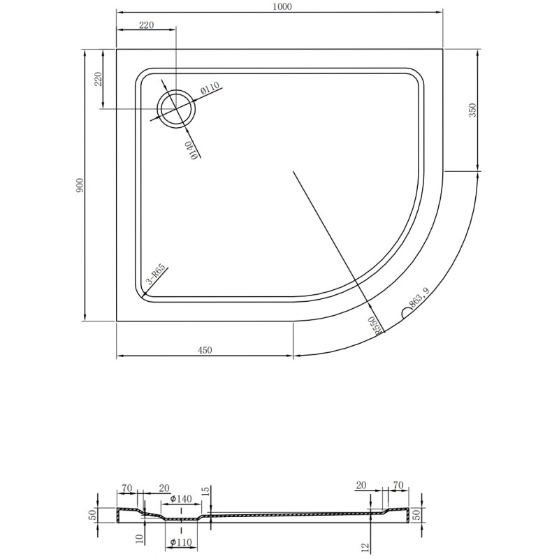 Mexen Flat pusapvalė plona dušo padėklas kairė 100 x 90 cm, juodas, juodas sifonas - 41709010L-B
