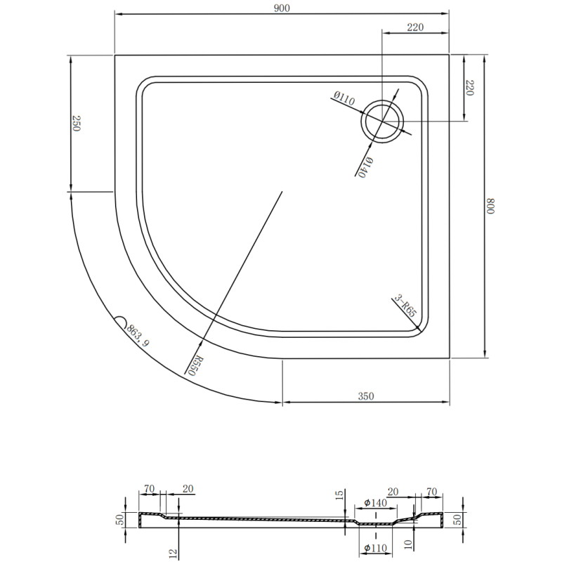 Mexen Flat pusapvalė plona dešinė 90 x 80 cm, balta, chrom sifonas - 41108090P