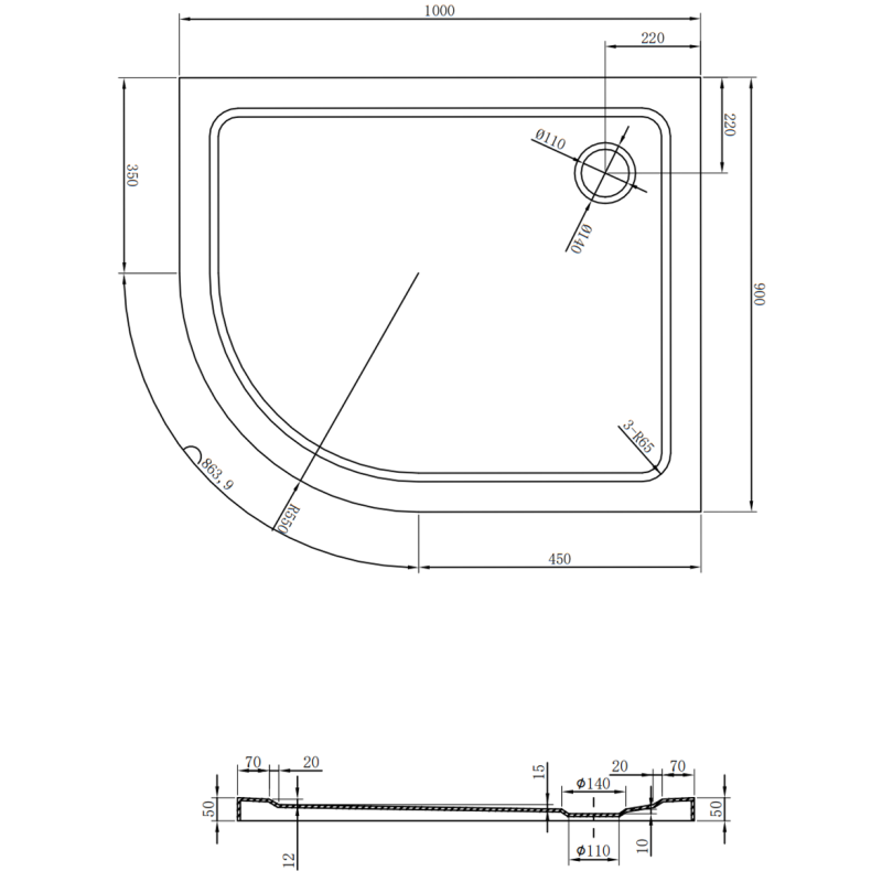 Mexen Flat dušo padėklo pusapvalis slim dešinysis 100 x 90 cm, baltas, auksinė sifonas - 41109010P-G