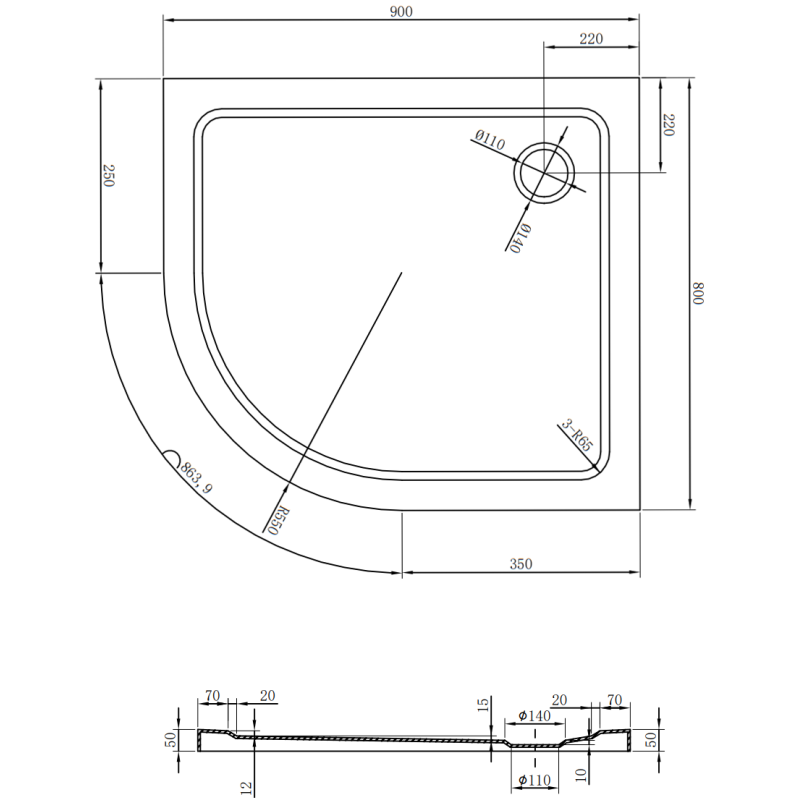 Mexen Flat pusapvalė dušo plokštė slim dešinė 90 x 80 cm, juoda, juodas sifonas - 41708090P-B