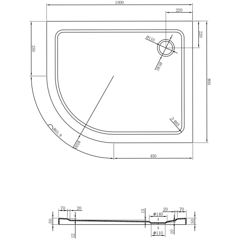 Mexen Flat pusapvalė juoda plona dešinės pusės dušo kabina 100 x 80 cm su juodu sifonu - 41708010P-B