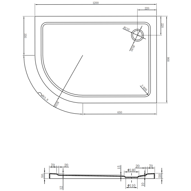 Mexen Flat pusapvalė dušo padėklas slim dešinysis 120 x 90 cm, juodas, sifonas juodas - 41709012P-B