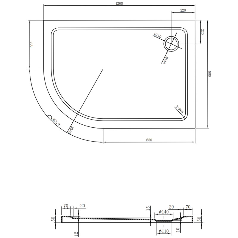 Mexen Flat pusapvalė plokščia dešinė dušo kabina 120 x 90 cm, juoda, juodas sifonas - 41709012P-B