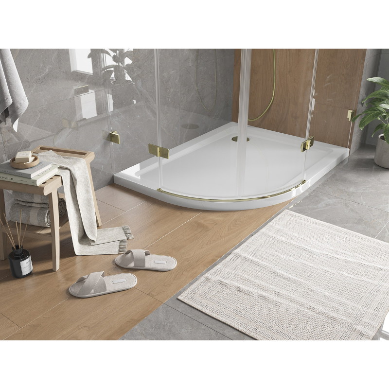 Mexen Flat pusapvalė aptakus dušo padėklas dešinysis 120 x 80 cm, baltas, aukso sifonas - 41108012P-G