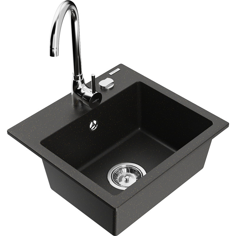 Mexen Milo granitinė vienos kameros kriauklė su virtuviniu maišytuvu Telma, juodas/auksinis - 6505-75-670200-00