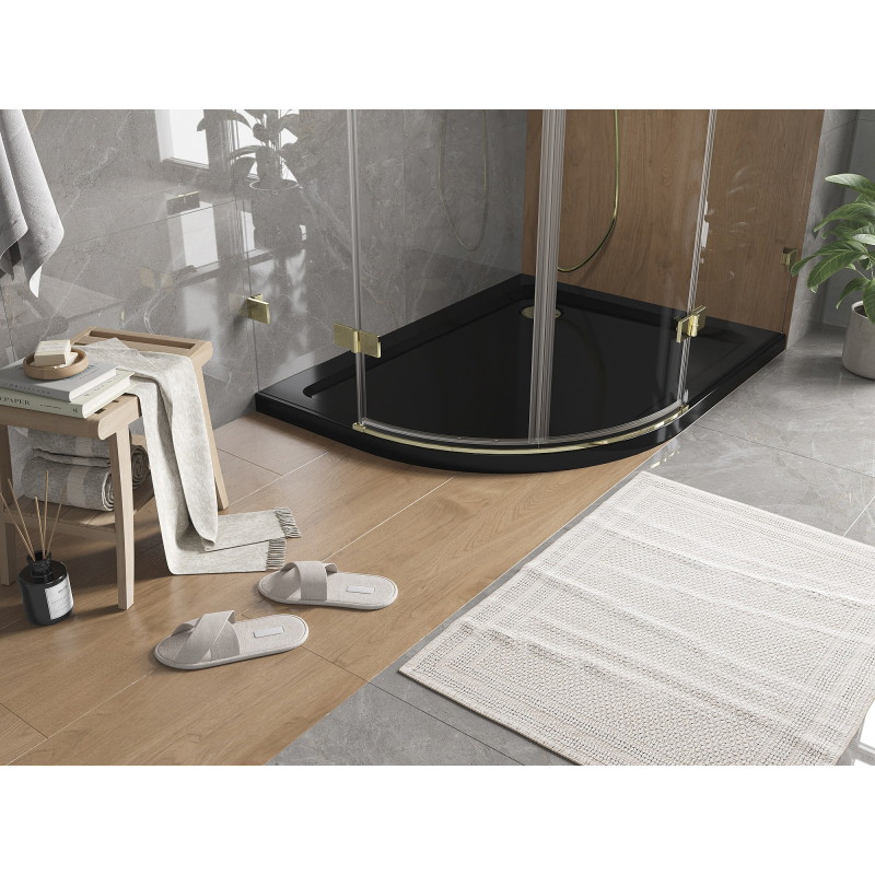 Mexen Flat pusapvalis dušo padėklas slim dešinys 100 x 90 cm, juodas, aukso sifonas - 41709010P-G