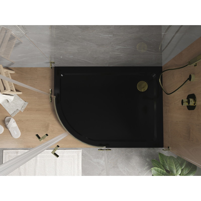 Mexen Flat pusapvalis dušo padėklas slim dešinys 100 x 90 cm, juodas, aukso sifonas - 41709010P-G