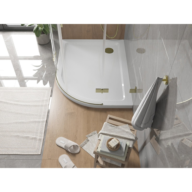 Mexen Flat pusapvalė dušo padėklas Slim kairysis 90 x 80 cm, baltas, sifonas auksinis - 41108090L-G
