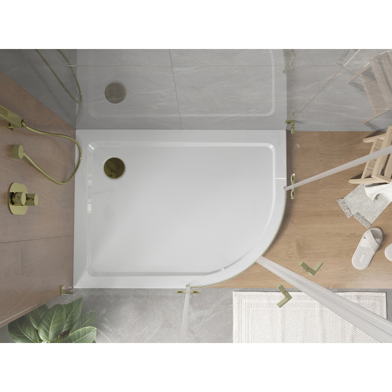 Mexen Flat pusapvalė plona kairioji dušo kabina 120 x 90 cm, balta, aukso sifonas - 41109012L-G