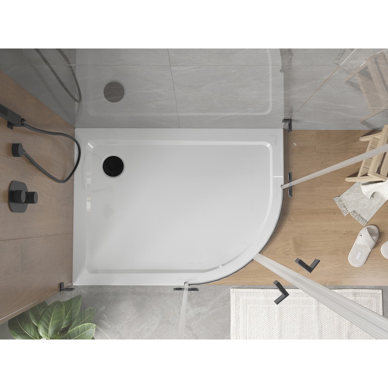 Mexen Flat pusapvalė plona dušo kabina kairė 90 x 80 cm, balta, sifonas juodas - 41108090L-B