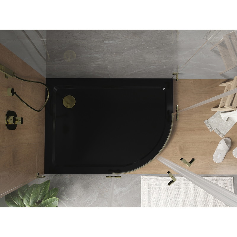 Mexen Flat pusapvalė plona dušo padėklas kairysis 90 x 80 cm, juodas, auksinė sifonas - 41708090L-G
