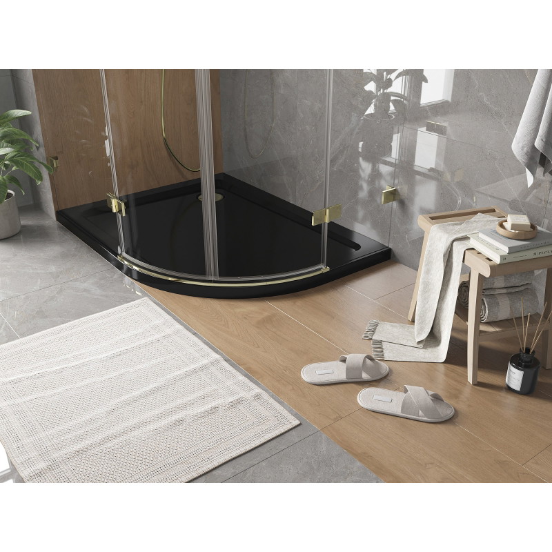Mexen Flat pusapvalė dušo padėklas slim kairysis 120 x 90 cm, juodas, sifonas auksinis - 41709012L-G