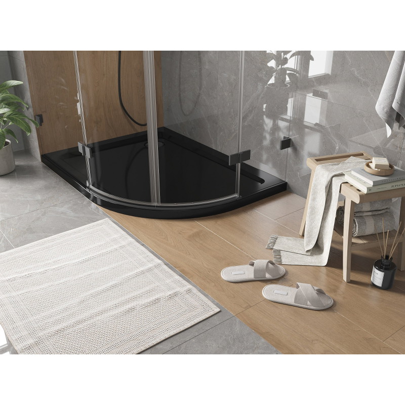 Mexen Flat pusapvalė plona dušo padėklas kairė 100 x 90 cm, juodas, juodas sifonas - 41709010L-B