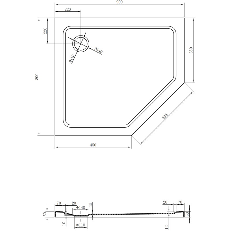 Mexen Flat penkiakampė dušo plokštė, kairysis slim 90 x 80 cm, balta, auksinis sifonas - 41P108090L-G