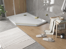Mexen Flat penkiakampė dušo plokštė, kairysis slim 90 x 80 cm, balta, auksinis sifonas - 41P108090L-G