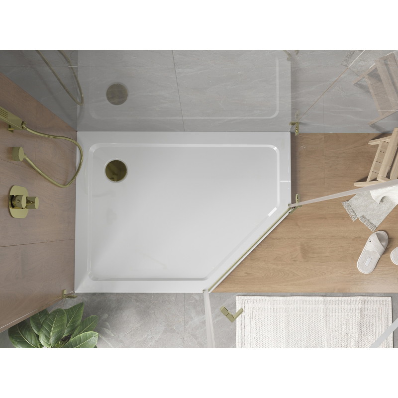 Mexen Flat penkiakampė dušo plokštė, kairysis slim 90 x 80 cm, balta, auksinis sifonas - 41P108090L-G