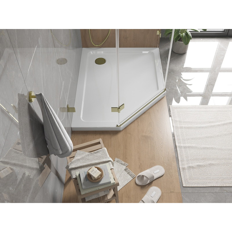 Mexen Flat penkiakampis plonas dešinysis dušo padėklas 90 x 80 cm, baltas, auksinis sifonas - 41P108090R-G