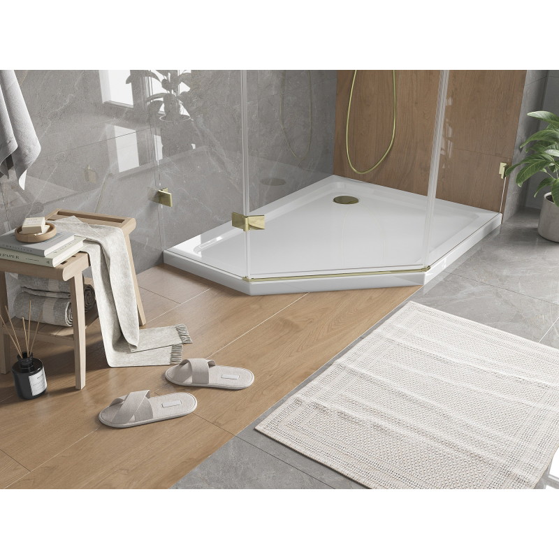 Mexen Flat penkiakampis dušo padėklas plonas dešinys 100 x 80 cm, baltas, sifonas auksinis - 41P108010R-G