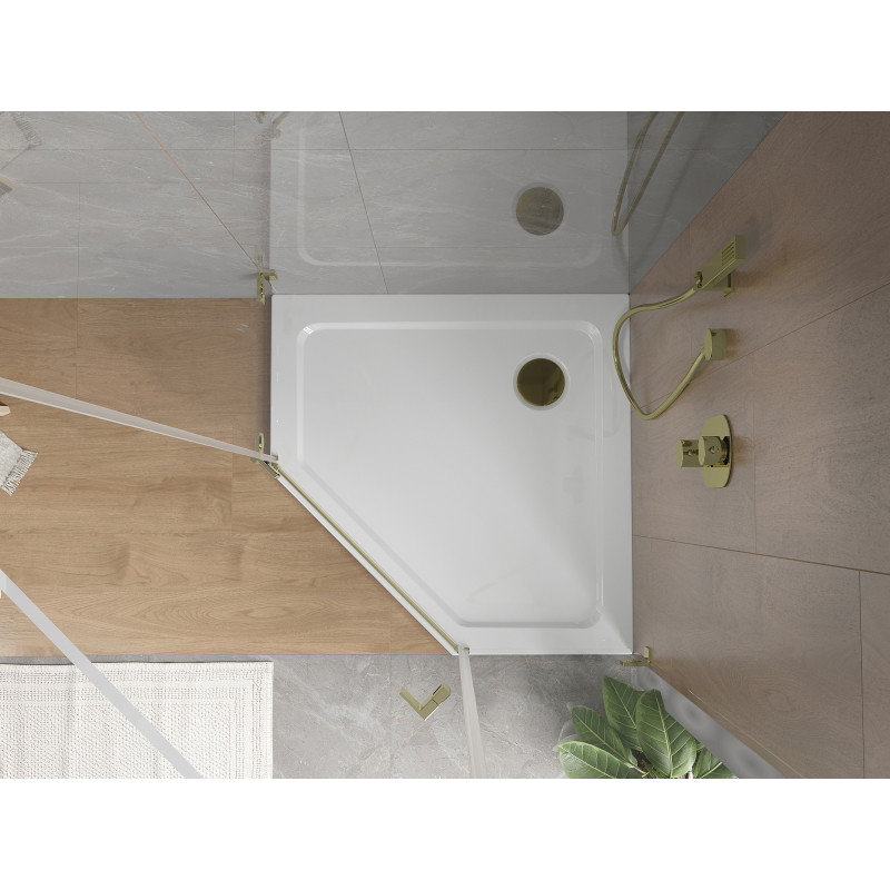 Mexen Flat penkiakampis dušo padėklas slim 90 x 90 cm, baltas, aukso sifonas - 41P109090-G
