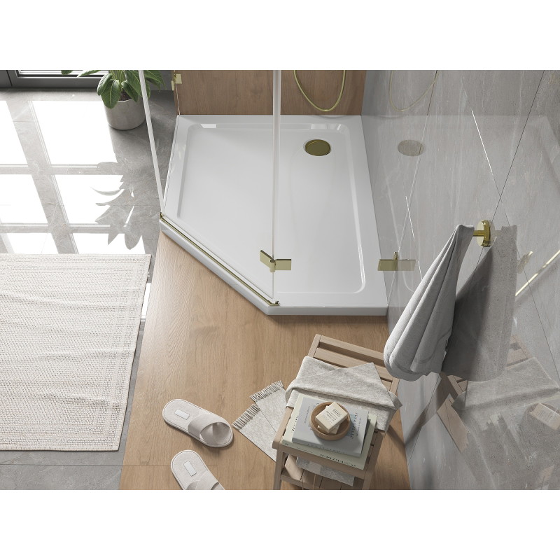 Mexen Flat plokščias penkiakampis dušo padėklas kairysis 100 x 90 cm, baltas, sifonas auksinis - 41P109010L-G