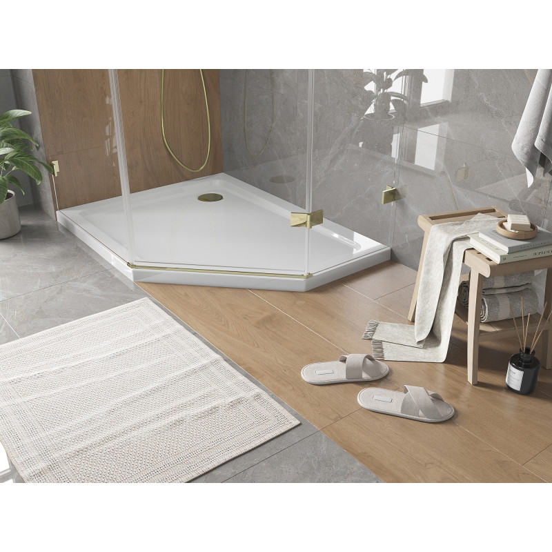 Mexen Flat plokščias penkiakampis dušo padėklas kairysis 100 x 90 cm, baltas, sifonas auksinis - 41P109010L-G