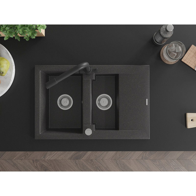 Mexen Gaspar granito plautuvė 1,5 kamerų su nusausinduku ir virtuvine baterija Duero, juoda dėmėta - 6507-76-671600-70