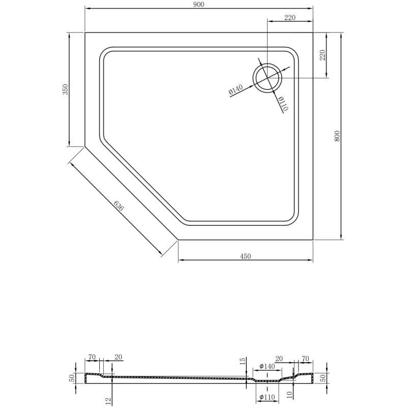 Mexen Flat penkiakampis dušo padėklas slim dešinys 90 x 80 cm, juodas, sifonas auksinis - 41P708090R-G
