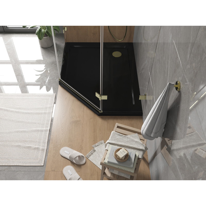 Mexen Flat penkiakampis dušo padėklas slim kairysis 100 x 80 cm, juodas, aukso sifonas - 41P708010L-G