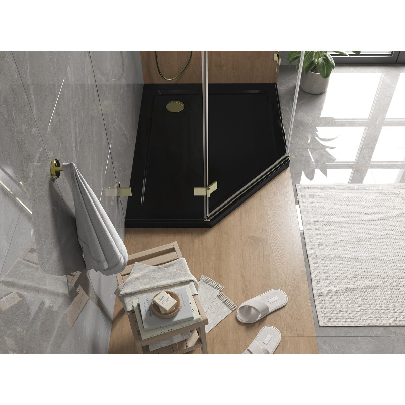 Mexen Flat penkiakampis plonas dušo padėklas, dešinysis 100 x 80 cm, juodas, auksinis sifonas - 41P708010R-G