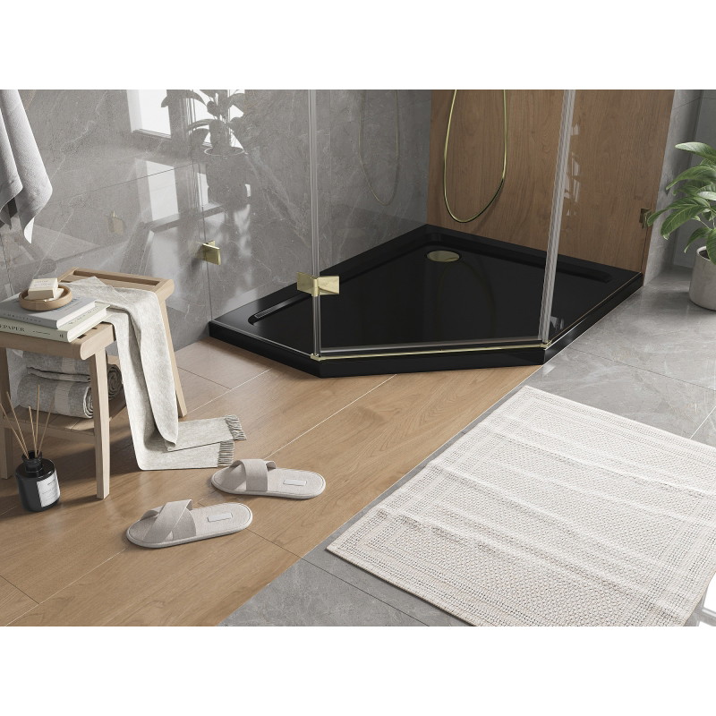 Mexen Flat penkiakampis plonas dušo padėklas, dešinysis 100 x 80 cm, juodas, auksinis sifonas - 41P708010R-G