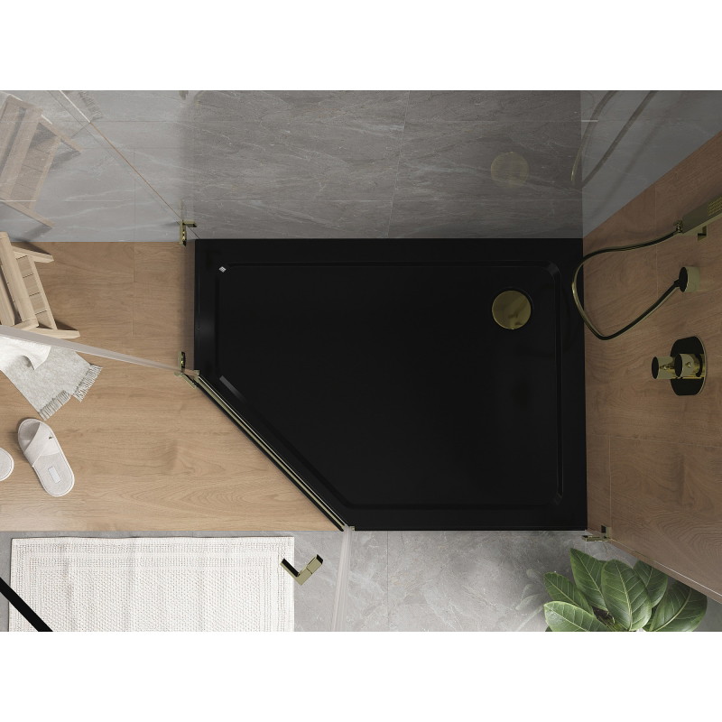 Mexen Flat penkiakampis plonas dušo padėklas, dešinysis 100 x 80 cm, juodas, auksinis sifonas - 41P708010R-G