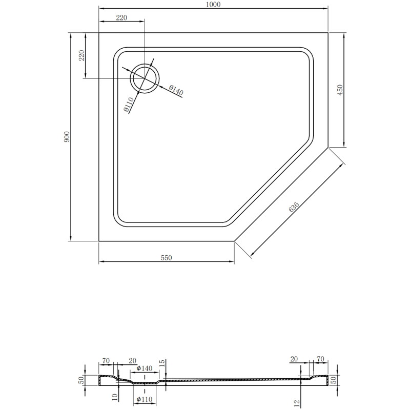 Mexen Flat penkiakampė dušo padėklas slim kairysis 100 x 90 cm, juodas, sifonas auksinis - 41P709010L-G