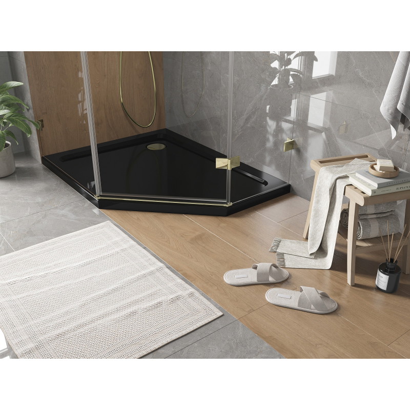Mexen Flat penkiakampė dušo padėklas slim kairysis 100 x 90 cm, juodas, sifonas auksinis - 41P709010L-G