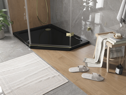 Mexen Flat penkiakampė dušo padėklas slim kairysis 100 x 90 cm, juodas, sifonas auksinis - 41P709010L-G