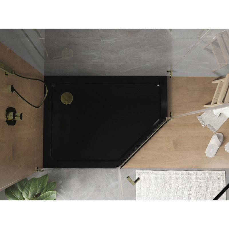 Mexen Flat penkiakampė dušo padėklas slim kairysis 100 x 90 cm, juodas, sifonas auksinis - 41P709010L-G