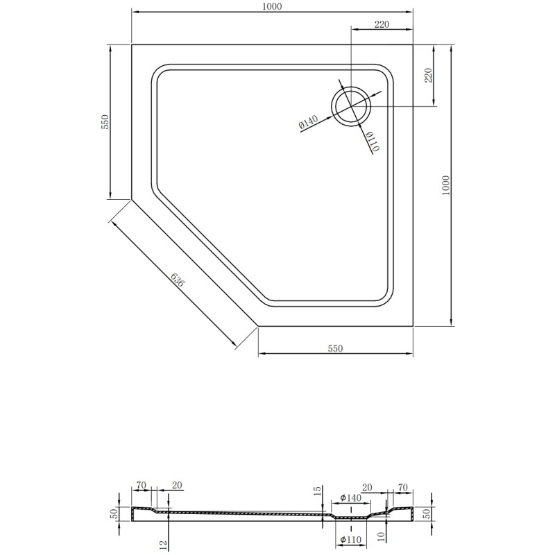 Mexen Flat penkiakampė plona dušo padėtis 100 x 100 cm, juoda, auksinė sifonas - 41P701010-G