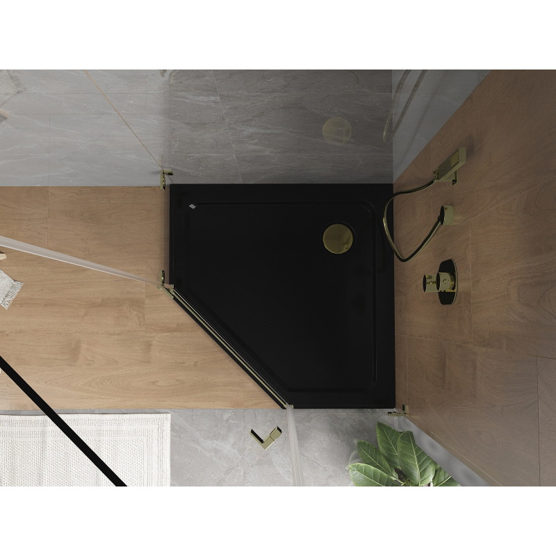 Mexen Flat penkiakampė plona dušo padėtis 100 x 100 cm, juoda, auksinė sifonas - 41P701010-G