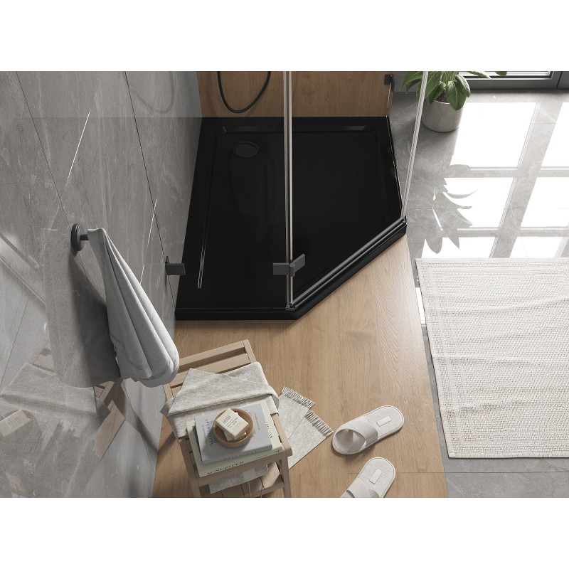 Mexen Flat penkiakampė plonas dešinė dušo padėklas 90 x 80 cm, juodas, sifonas juodas - 41P708090R-B