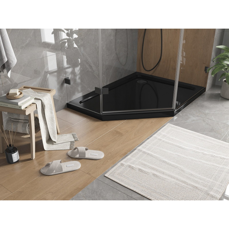 Mexen Flat penkiakampė plonas dešinė dušo padėklas 90 x 80 cm, juodas, sifonas juodas - 41P708090R-B