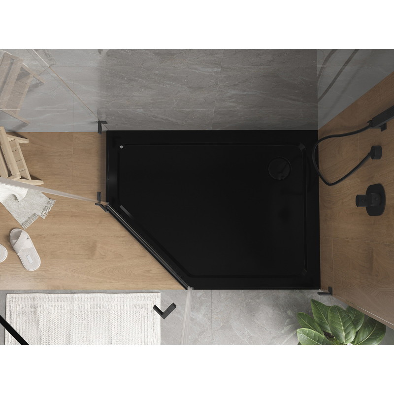Mexen Flat penkiakampė plonas dešinė dušo padėklas 90 x 80 cm, juodas, sifonas juodas - 41P708090R-B