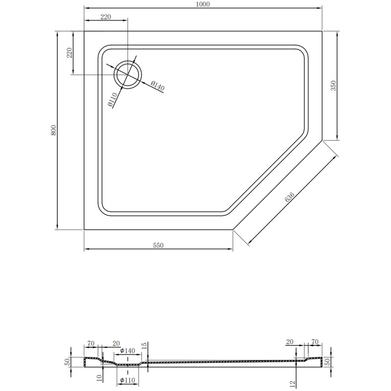 Mexen Flat penkiakampė plona kairinė dušo kabina 100 x 80 cm, juoda, sifonas juodas - 41P708010L-B