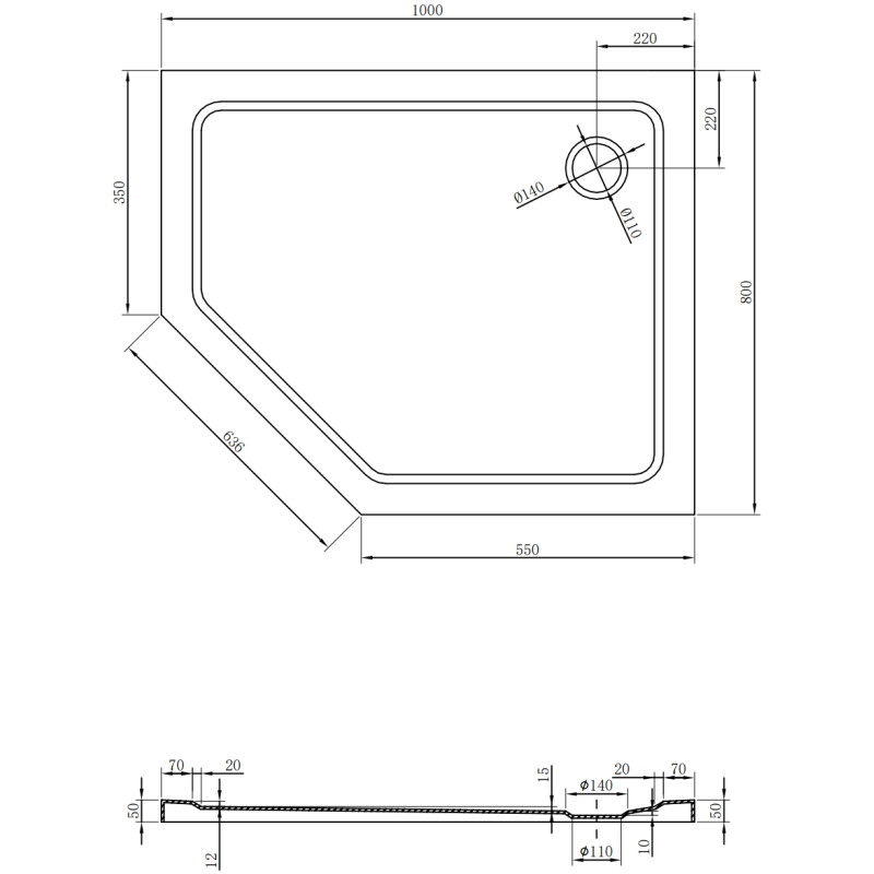 Mexen Flat penkiakampis plonas dušo padėklas dešinysis 100 x 80 cm, juodas, juodas sifonas - 41P708010R-B