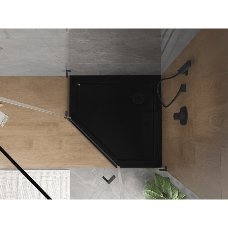 Mexen Flat penkiakampis plokščias dušo padėklas 90 x 90 cm, juodas, juodas sifonas - 41P709090-B