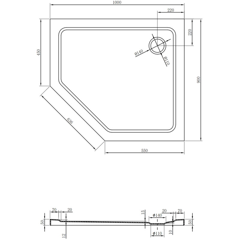 Mexen Flat penkiakampis dušo padėklas slim dešinysis 100 x 90 cm, juodas, sifonas juodas - 41P709010R-B